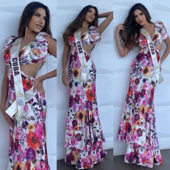 Mac Duggal 68107 Womens Size 10 Floral‎ Print Ruffle Cut Out Gown Maxi Dress - Picture 3 of 6